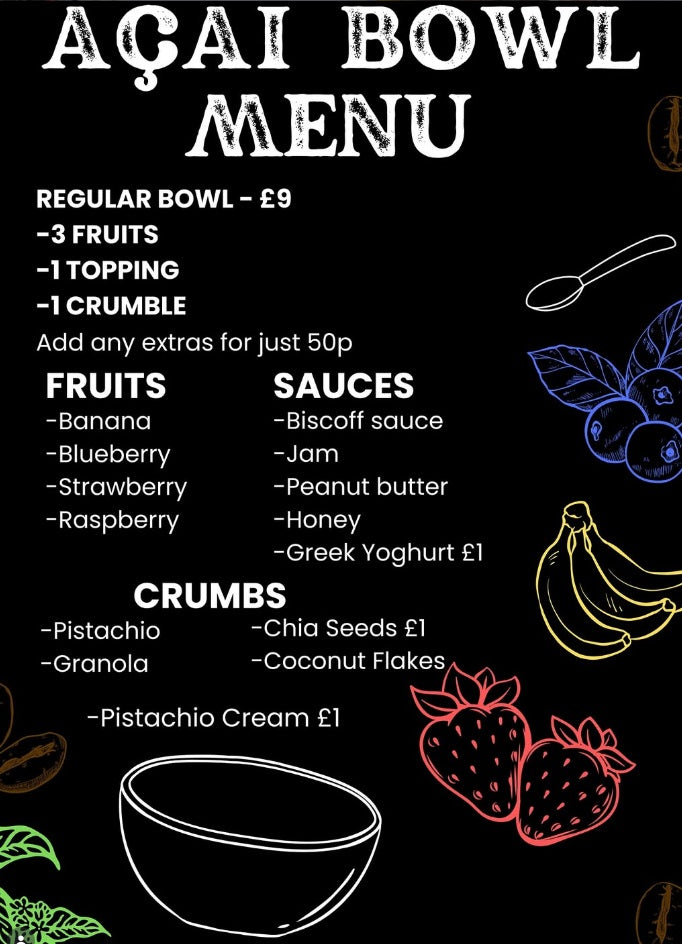 Acai bowl menu with options and prices on a black background