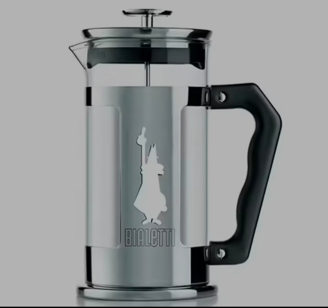 Bialetti Preziosa 8 cup Italian French press coffee maker with durable glass carafe and elegant stainless steel design