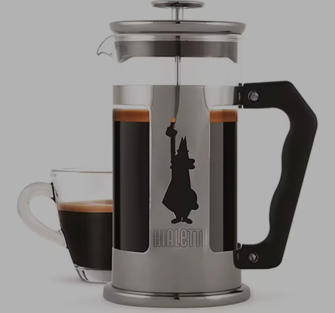 Bialetti Preziosa French Press 1L with stainless steel frame and borosilicate glass jug for traditional coffee brewing