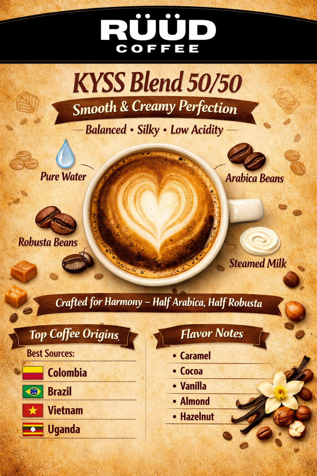 Smooth and creamy KYSS Blend 50/50 coffee by RUUD Coffee. A balanced Arabica‑Robusta mix with caramel, cocoa, vanilla, almond and hazelnut notes. Includes a visual ingredient and origin infographic.