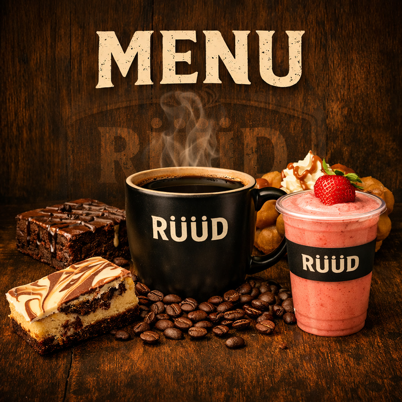 RUÜD Coffee MENU display featuring a steaming black RUÜD mug surrounded by roasted coffee beans, chocolate brownies, marbled cheesecake, bubble waffle with caramel drizzle, and a strawberry smoothie with fresh garnish on a rustic dark wooden background.