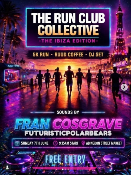 Promotional poster for 'The Run Club Collective' event with silhouettes of runners and vibrant text.